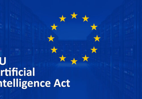 A digital holographic AI brain with interconnected data nodes, overlaid with the European Union flag and a circuit board pattern, symbolizing AI regulation and governance.
